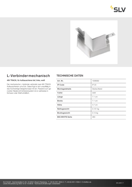 SLV 1006582 L-Verbinder mechanisch, 48V TRACK, für Aufbauschiene tief, links, weiß