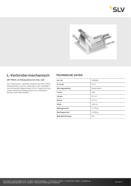 SLV 1006588 L-Verbinder mechanisch, 48V TRACK, für Einbauschiene tief, links, weiß