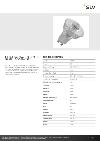 SLV 1007231 LED-Leuchtmittel QPAR51 GU10 3000K 36°