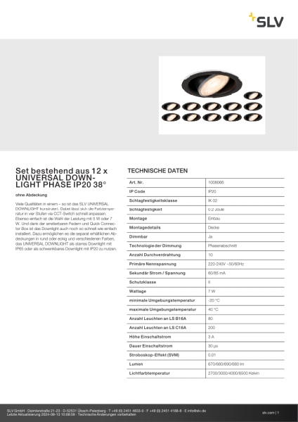 SLV 1008066 Set bestehend aus 12 x UNIVERSAL DOWNLIGHT PHASE IP20 38°, ohne Abdeckung