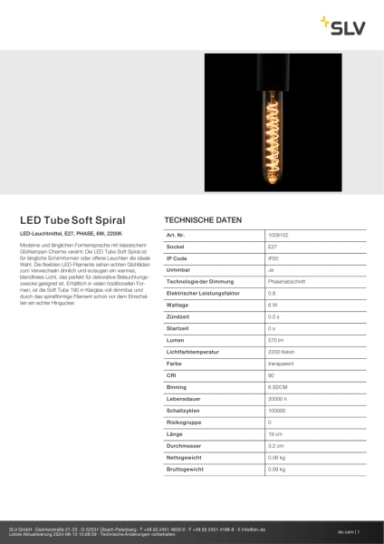 SLV 1008152 LED Tube Soft Spiral, LED-Leuchtmittel, E27, PHASE, 6W, 2200K