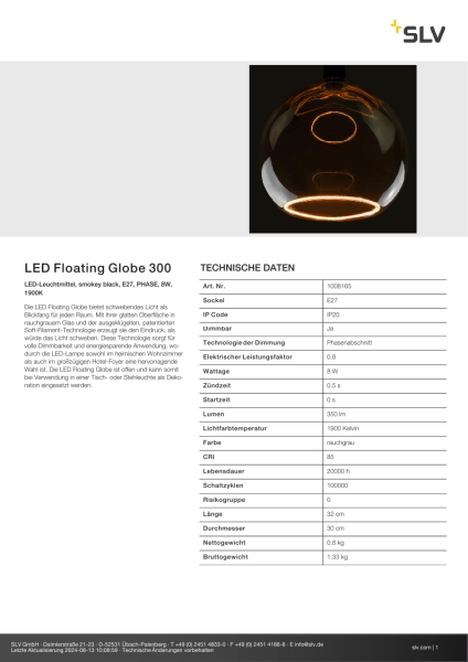 SLV 1008165 LED Floating Globe 300, LED-Leuchtmittel, smokey black, E27, PHASE, 8W, 1900K