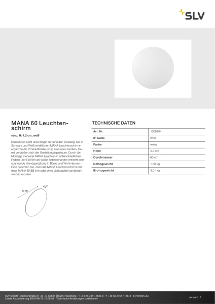 SLV 1008204 MANA 60 Leuchtenschirm, rund, H: 4.2 cm, weiß