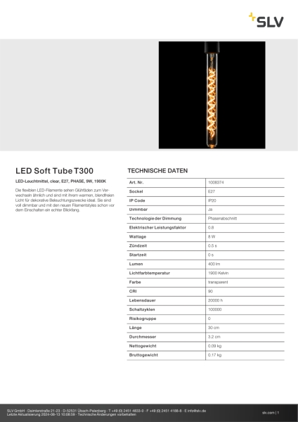 SLV 1008374 LED Soft Tube T300, LED-Leuchtmittel, clear, E27, PHASE, 9W, 1900K