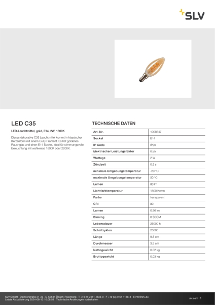 SLV 1008647 LED C35, LED-Leuchtmittel, gold, E14, 2W, 1800K