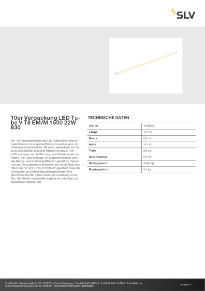 SLV 1008683 10er Verpackung LED Tube V T8 EM/M 1500 22W 830