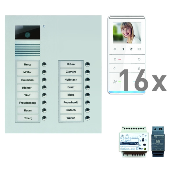 TCS PVU17160-0010 video:pack UP für 16 Wohneinheiten mit Außenstation AVU 16 Klingeltasten + 16x Video Freisprecher IVW5111 + Steuergerät VBVS05