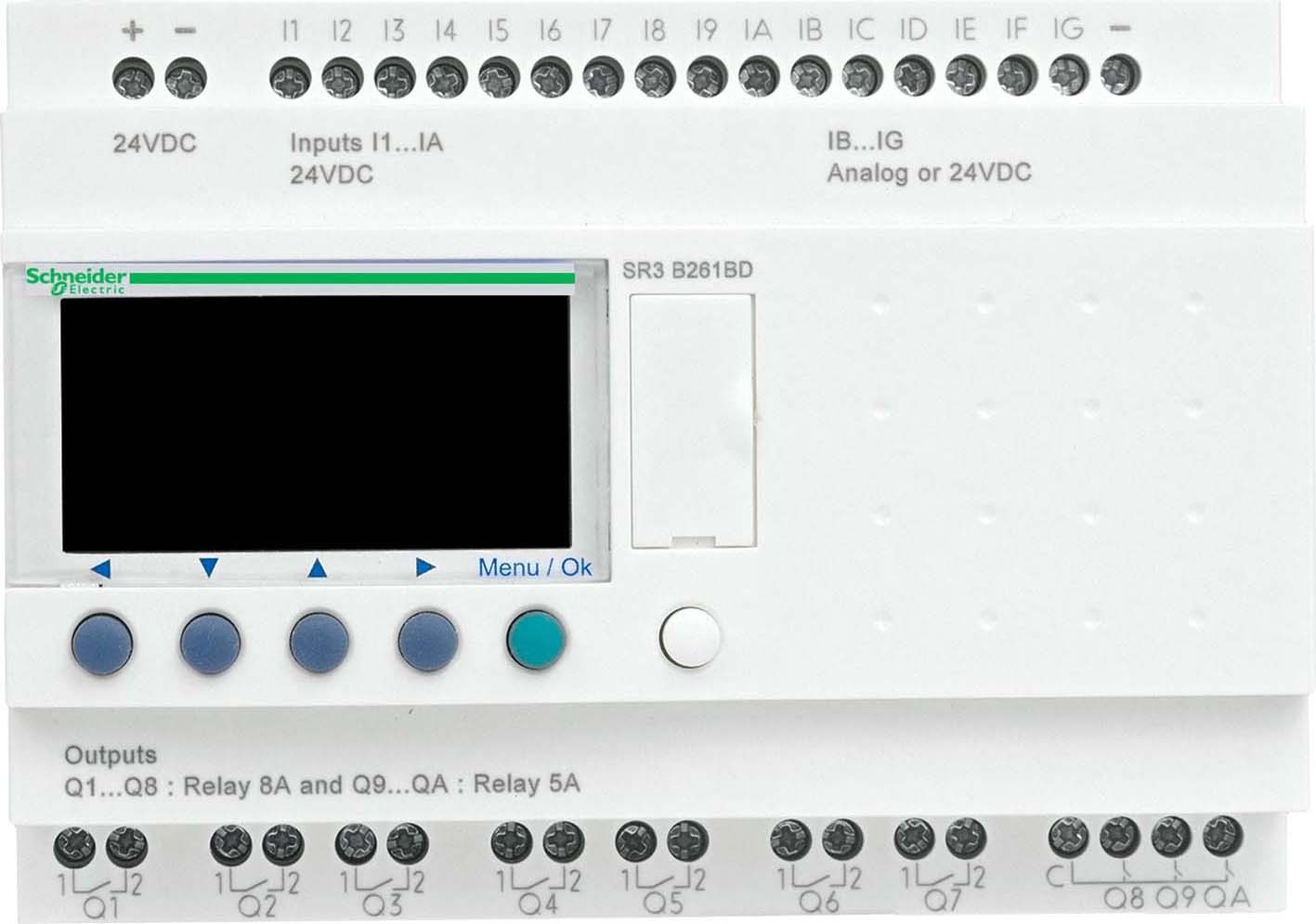 Schneider Electric SR3B262BD SPS-Steuerrelais Zelio Logic modulare Ausführung 26 E/A 24 VDC Display Uhr Transistorausgänge